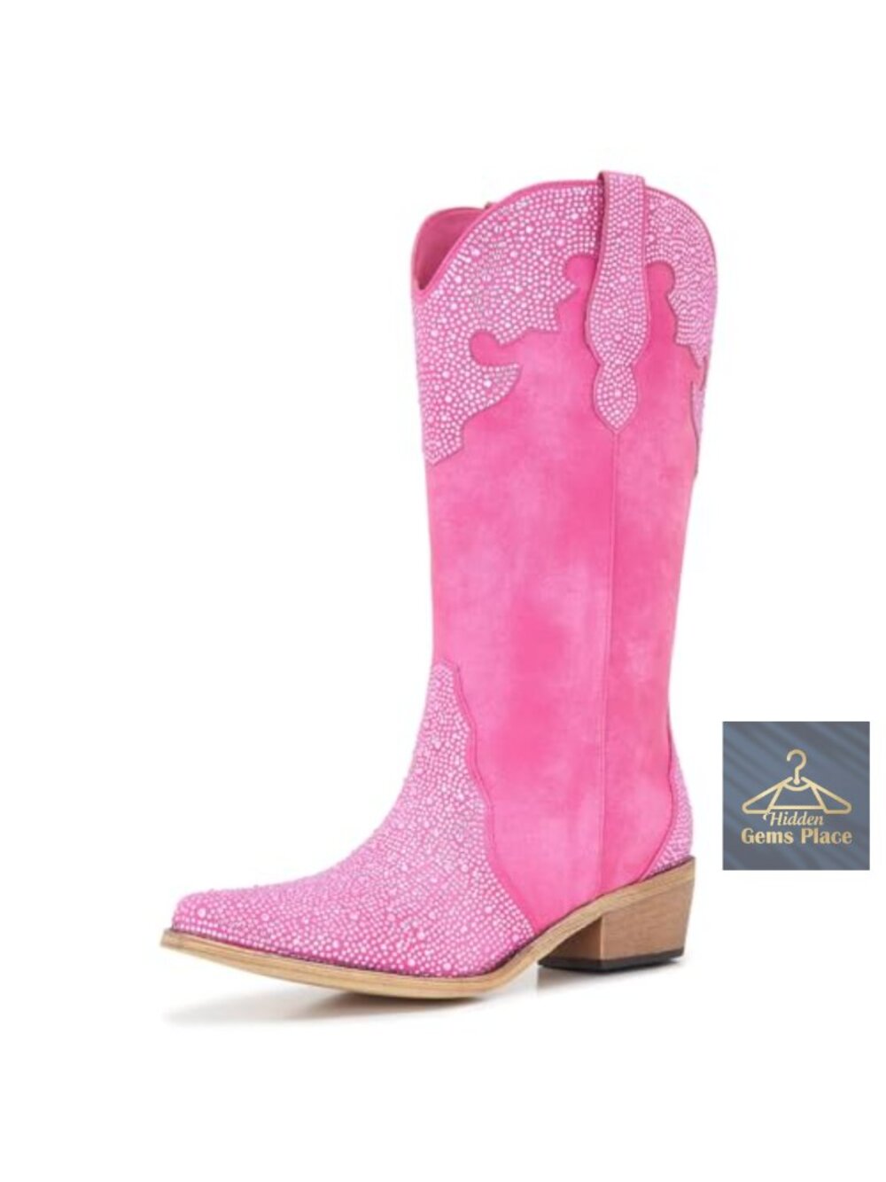 Western Cowboy Boots with Rhinestone Embellished Faux Leather Square Toe Mid